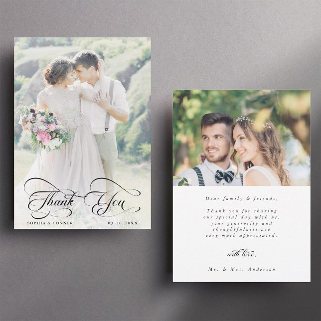 Elegant Classy Script Wedding 2 Photo  Thank You Card (Front & Back)