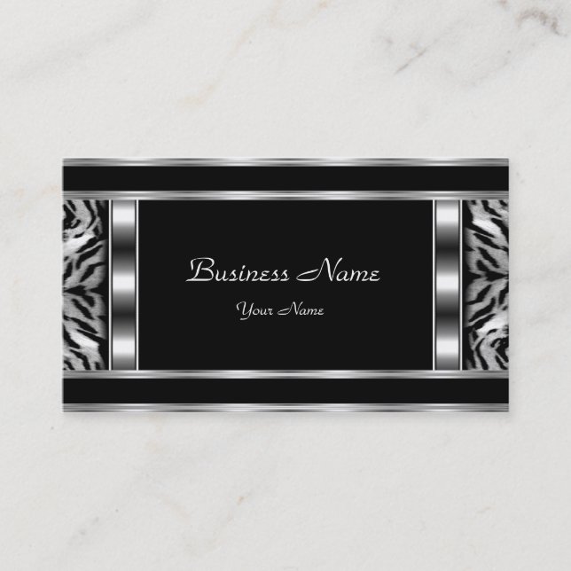 Elegant Classy Silver Black Leopard Business Card (Front)