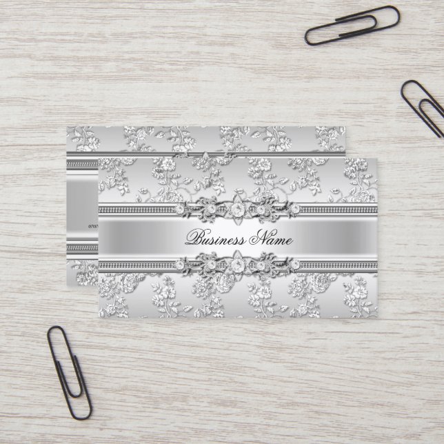 Elegant Classy Silver Embossed Floral Look Business Card (Front/Back In Situ)
