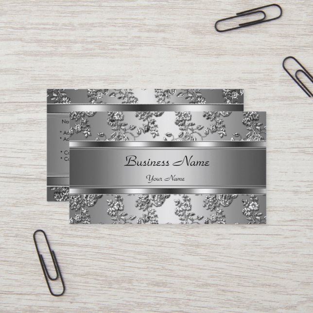 Elegant Classy Silver Embossed Floral Look Business Card (Front/Back In Situ)