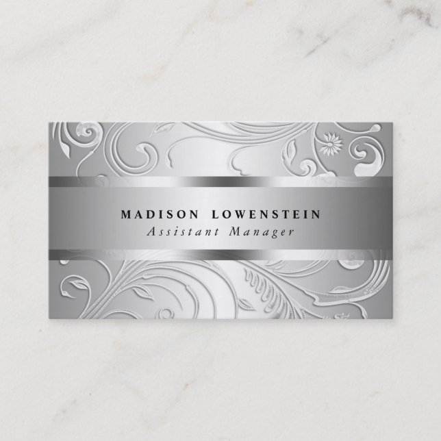 Elegant Classy Silver Flourish Ornate Pattern Business Card (Front)