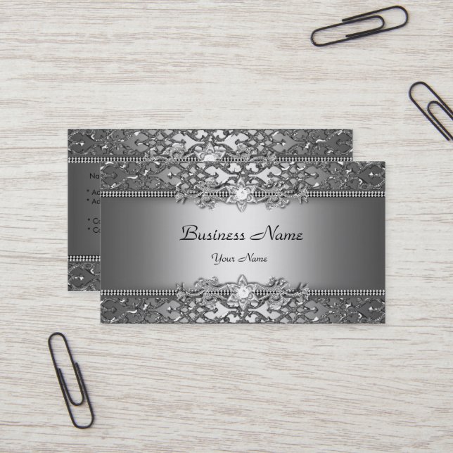Elegant Classy Silver Grey Damask Embossed Look Business Card (Front/Back In Situ)