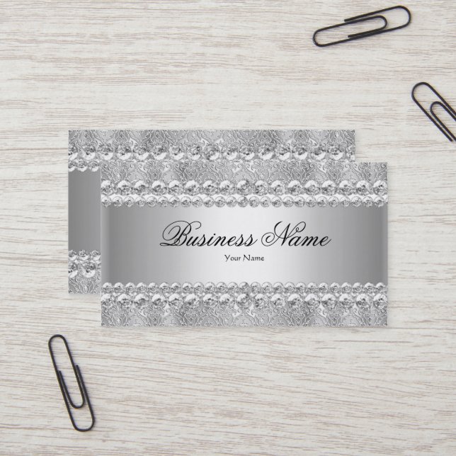 Elegant Classy Silver Grey Damask Lace Business Card (Front/Back In Situ)
