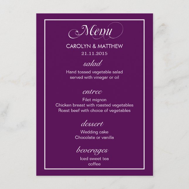 Elegant Classy Simple Purple Wedding Menu 3 (Front)