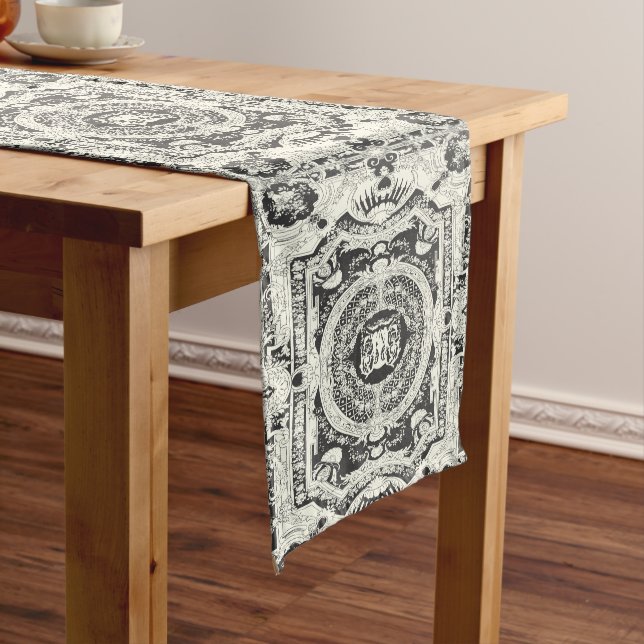 Elegant Classy Stylish Black White Baroque Short Table Runner (In Situ)