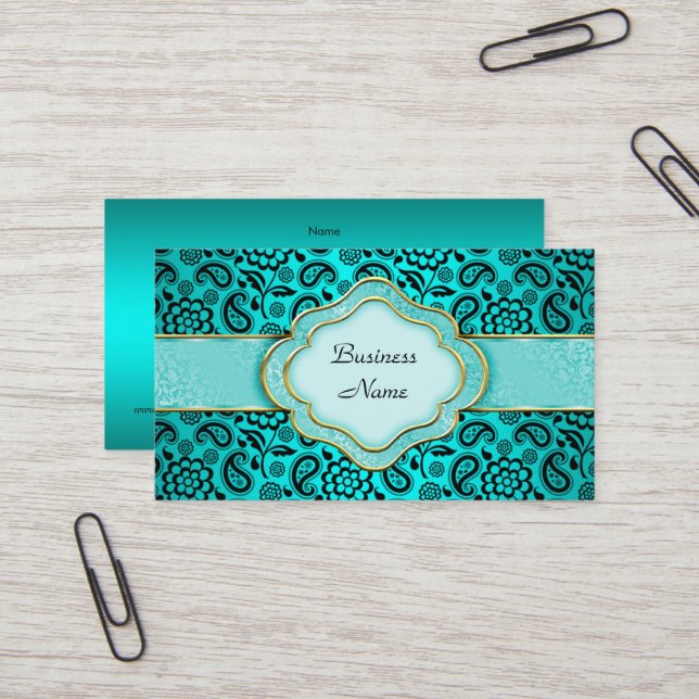 Elegant Classy Teal Blue Paisley Floral Damask Business Card (Front/Back In Situ)