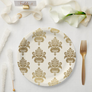 Elegant Classy Vintage Cream Gold Damask Pattern Paper Plate