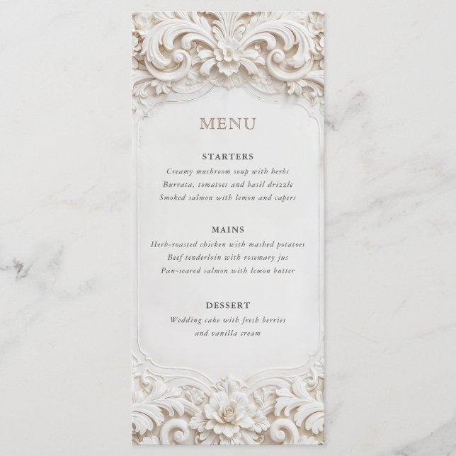 Elegant Classy White Baroque Frame Wedding Menu (Front)