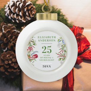 Elegant Classy White Green Botanical Anniversar Ceramic Ball Christmas Ornament