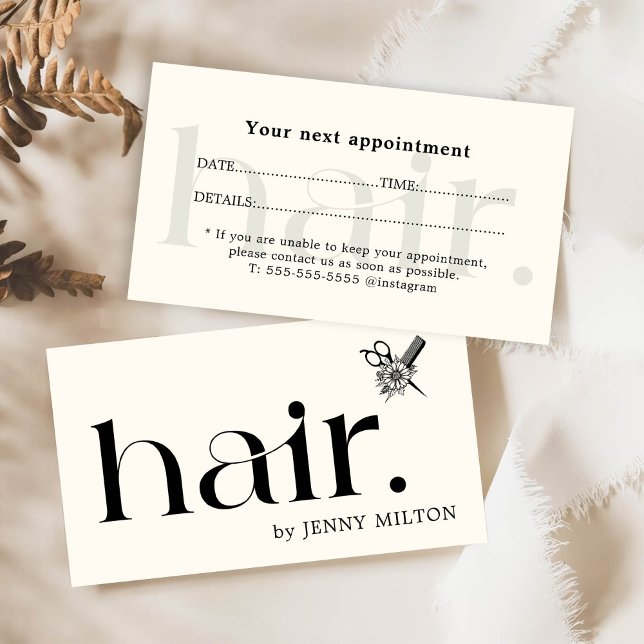 Elegant Clean Black White Hair Stylist Appointment Business Card (Creator Uploaded)