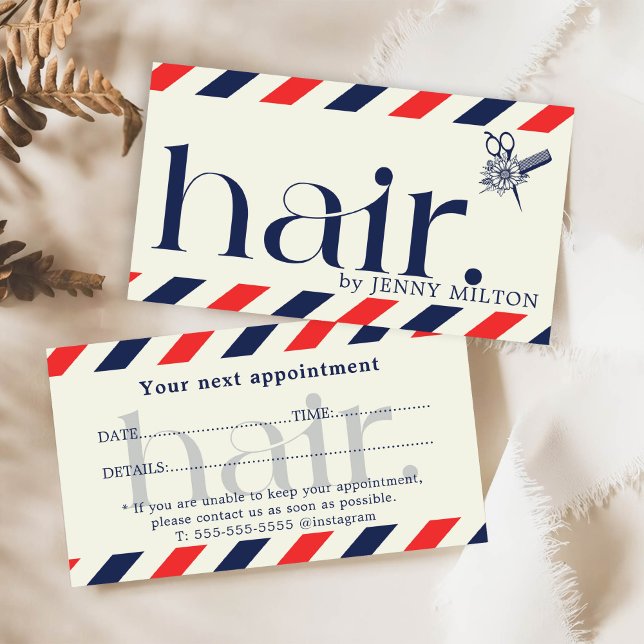 Elegant Clean Blue Red Hair Stylist Appointment  Business Card (Creator Uploaded)