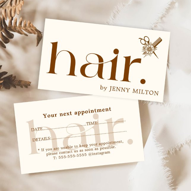 Elegant Clean Boho Brown Hair Stylist Appointment Business Card (Creator Uploaded)