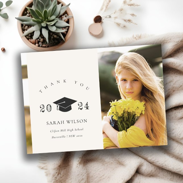Elegant Clean Minimal Clean Photo Graduation Cap Thank You Card (Creator Uploaded)