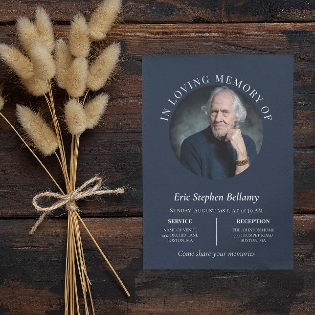 Elegant Clean Navy Round Photo Memorial Funeral Invitation (Creator Uploaded)