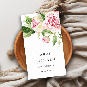 Elegant Clean Pink Green Watercolor Peony Floral Business Card