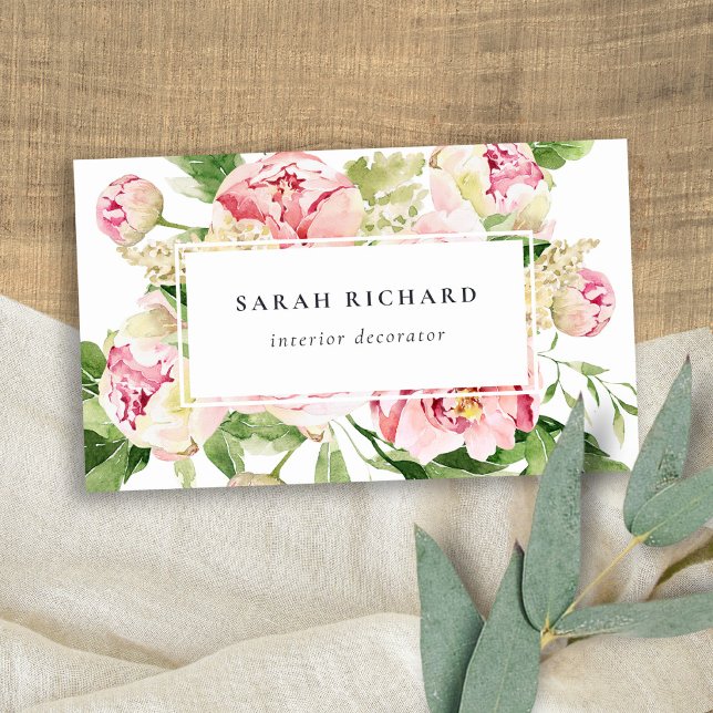 Elegant Clean Pink Green Watercolor Peony Floral Business Card (Creator Uploaded)