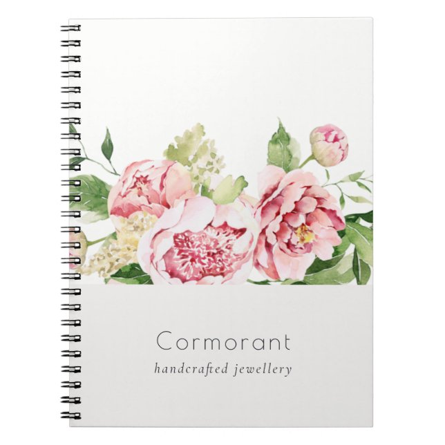 Elegant Clean Pink Green Watercolor Peony Floral Notebook (Front)