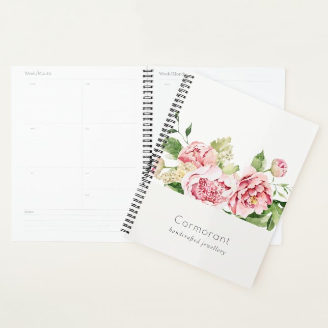Elegant Clean Pink Green Watercolor Peony Floral Planner (Display)