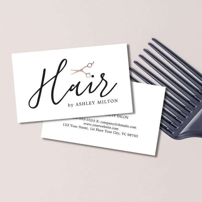 Elegant Clean Rose Gold Scissors Hair Stylist Business Card (Creator Uploaded)