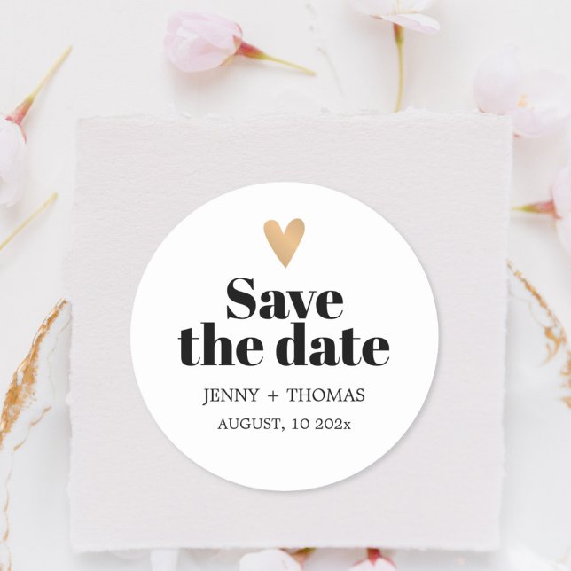 Elegant Clean Wedding Gold Heart Save the date Classic Round Sticker (Creator Uploaded)
