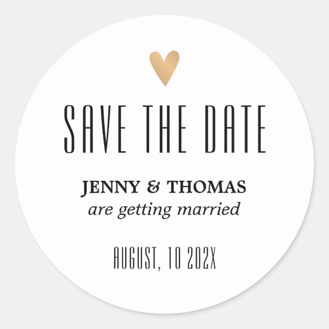 Elegant Clean Wedding Gold Heart Save the date Classic Round Sticker (Front)