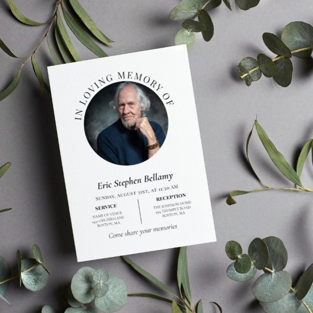 Elegant Clean White Round Photo Memorial Funeral Invitation (Creator Uploaded)