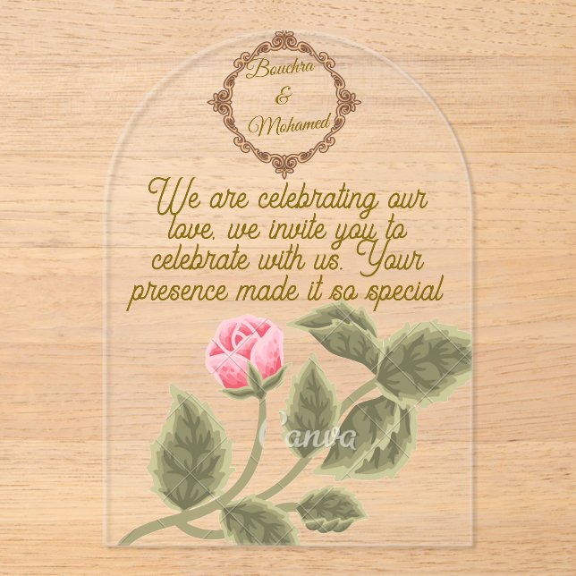 Elegant Clear Acrylic Wedding Invitation with Rose (Front)