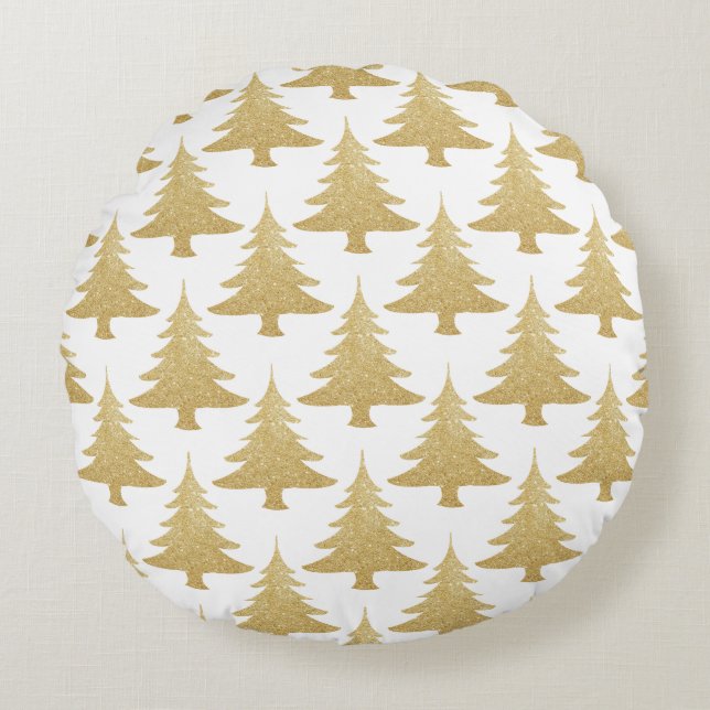 elegant clear gold glitter Christmas tree pattern Round Cushion (Front)
