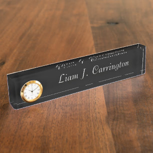 Elegant Clock Your Name Script Office Black Nameplate