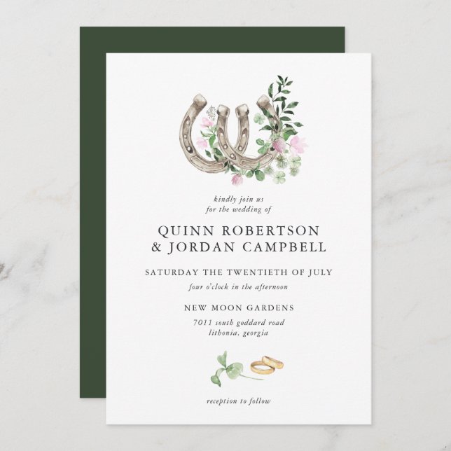 Elegant Clover Horseshoes Botanical Wedding Invitation (Front/Back)