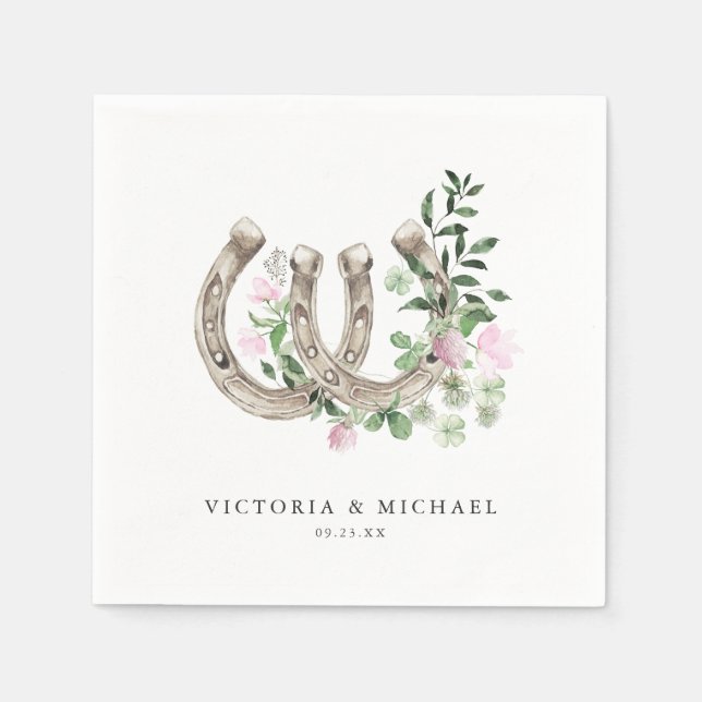 Elegant Clover Horseshoes Botanical Wedding Napkin (Front)