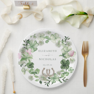 Elegant Clover Horseshoes Botanical Wedding Paper Plate