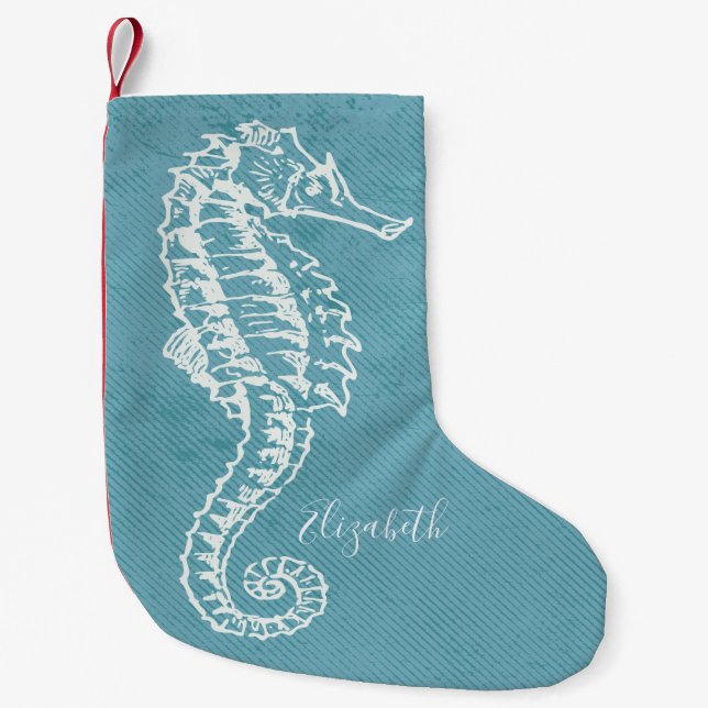 Elegant Coastal Beach Sea Horse Monogram Small Christmas Stocking (Front)