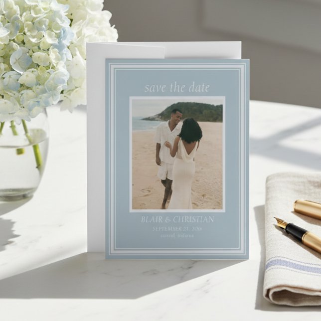 Elegant Coastal Blue Modern Wedding Photo Save The Date (Elegant Coastal Blue Modern Wedding Photo Save The Date)