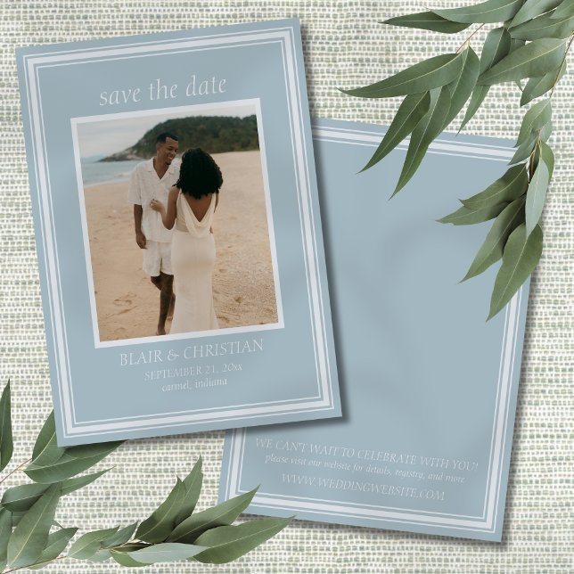 Elegant Coastal Blue Modern Wedding Photo Save The Date (Invite guests to save the date for your coastal wedding day with this Coastal Blue Modern Card!)