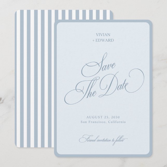 Elegant Coastal Blue Stripes Border Retro Wedding Save The Date (Front/Back)