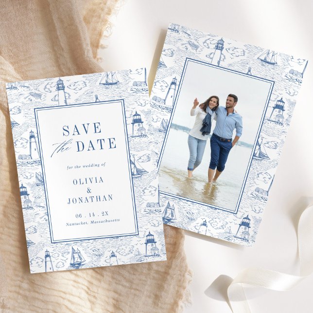 Elegant Coastal Blue Toile Wedding Photo Save The Date (Creator Uploaded)