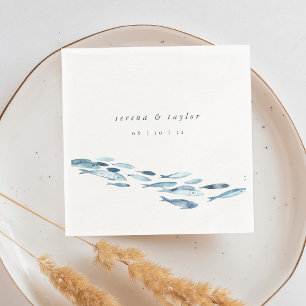Elegant Coastal Blue Watercolor Fish Wedding Napkin