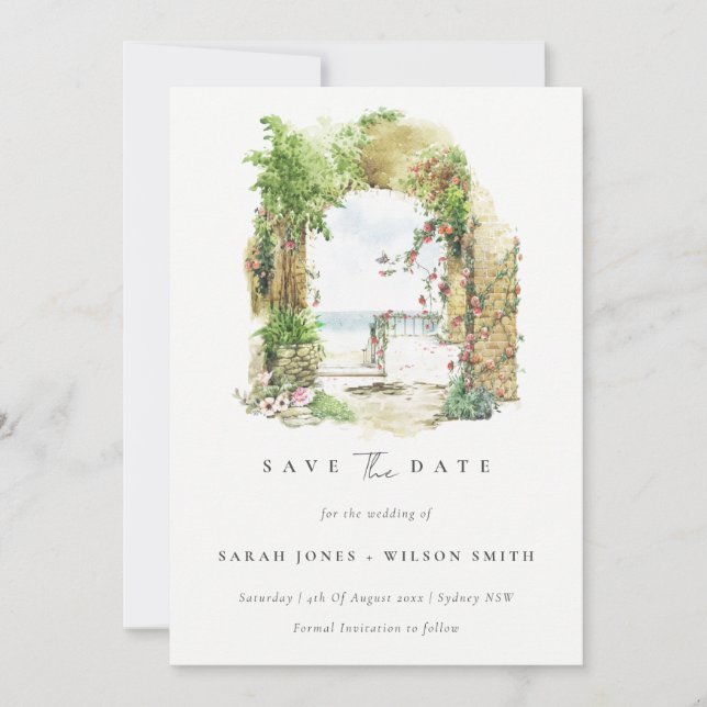 Elegant Coastal Botanical Arch Sand Beach Seascape Save The Date (Front)