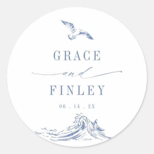 Elegant Coastal Chic Blue Seaside Wedding Classic Round Sticker (Front)