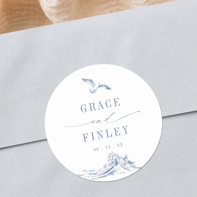 Elegant Coastal Chic Blue Seaside Wedding Classic Round Sticker (Creator Uploaded)