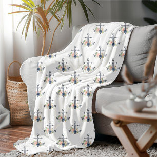 Elegant Coastal Floral Nautical Anchors  Fleece Blanket