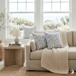 Elegant Coastal Indigo Blue Block Print Floral Vin Cushion