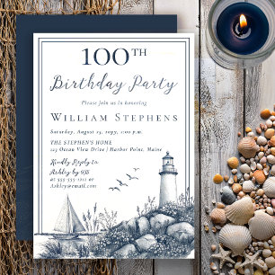 Elegant Coastal Lighthouse 100th Birthday Party Invitation