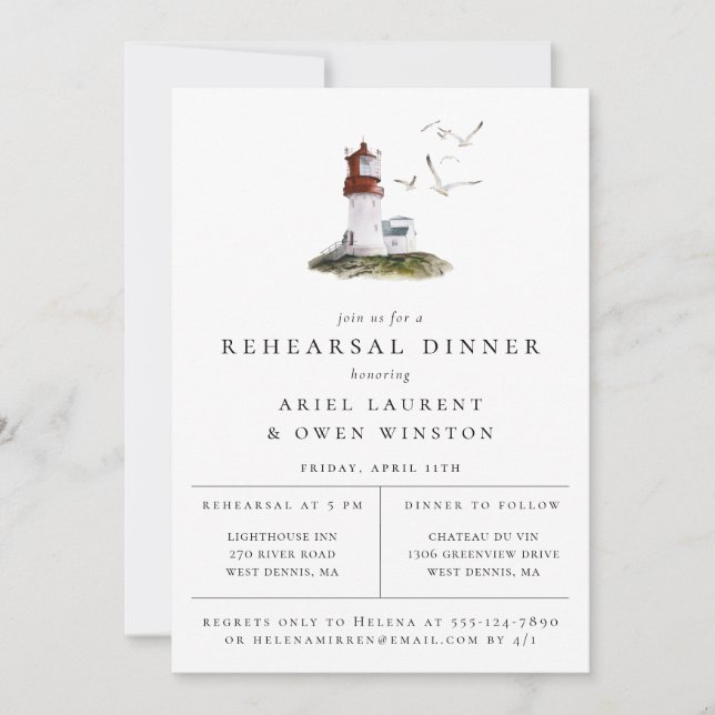 Elegant Coastal Lighthouse Rehearsal Dinner Announcement (Front)