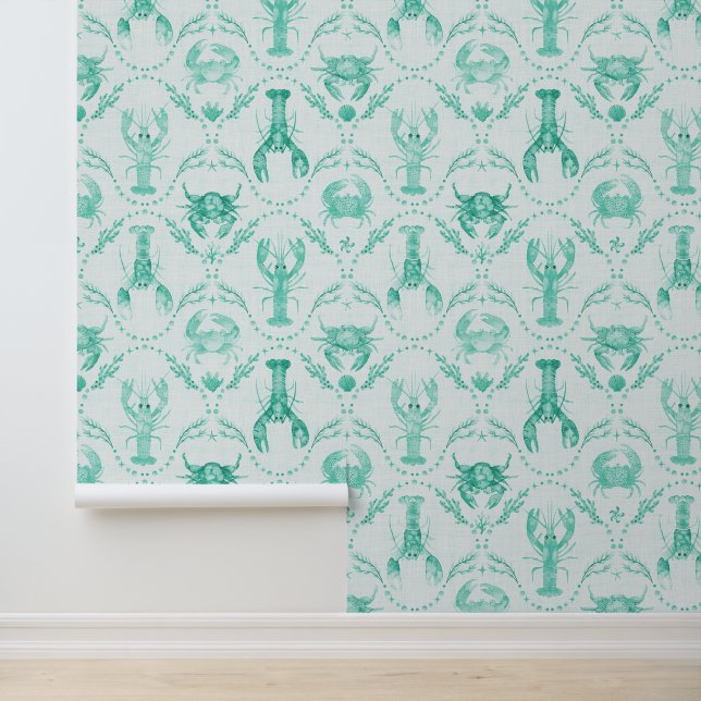 Elegant Coastal Lobster and Crabs in Mint Green Wallpaper (Application)
