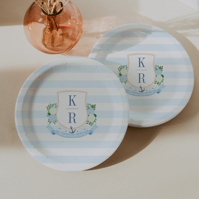 Elegant Coastal Monogram Wedding Shower Party Paper Plate (Elegant coastal monogram paper plates for beach theme wedding or couples shower party)