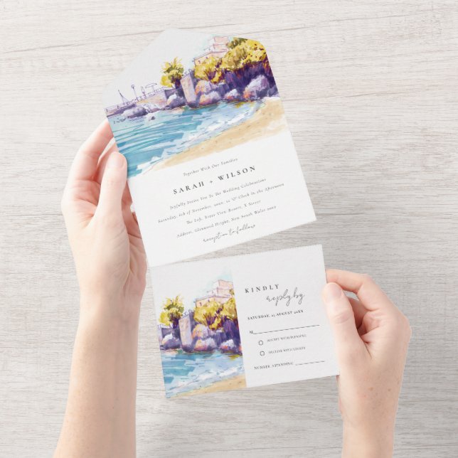 Elegant Coastal Sand Beach Rocky Seascape Wedding All In One Invitation (Tearaway)
