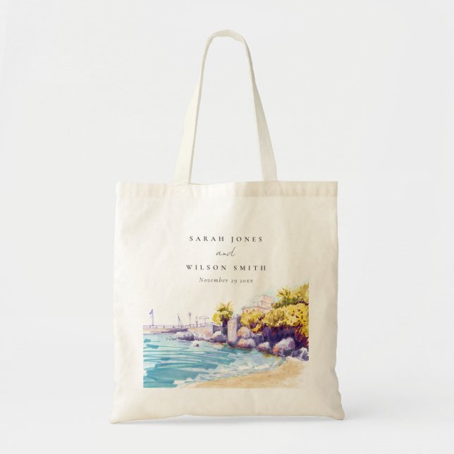 Elegant Coastal Sand Beach Rocky Seascape Wedding Tote Bag (Front)