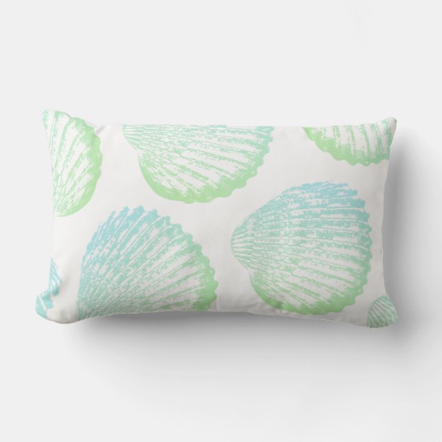 Elegant Coastal Sea Green Gradient Seashells Lumbar Cushion (Front)